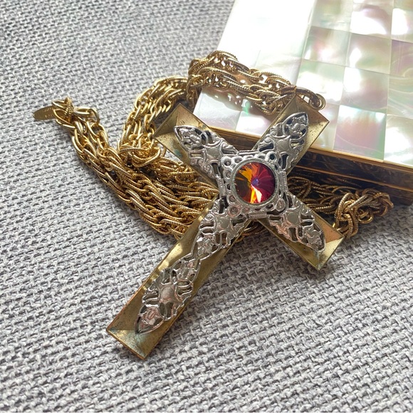 Vintage Whiting & Davis Two-toned Rivoli Cross Necklace - Picture 1 of 7